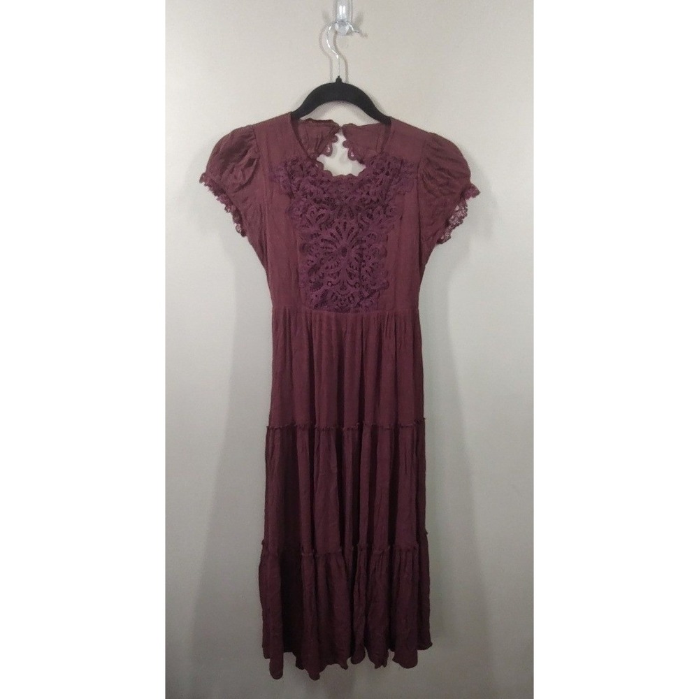 Mia Joy Joyfolie Burgundy Lace Tiered Maxi Dress Open Back Kids Size 12